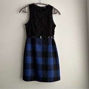 Monteau Black Lace Top and Black/Blue Plaid Dress With Black Belt S
